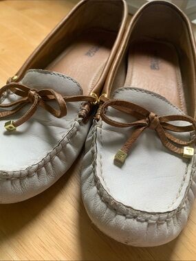 Sperry White and Tan Leather Slip-On Loafers